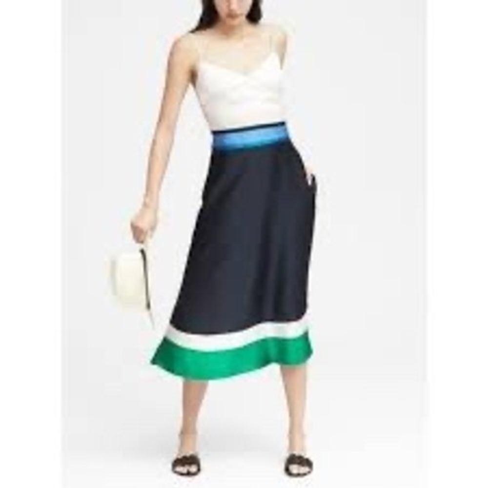 Banana Republic Womens Colorblock Midi Dress Navy Cream Blue Green Size 4